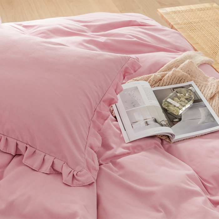 91家纺网 家纺一手货源 找家纺 窝米 2020新款40s纯色磨毛四件套花边系列 藕粉