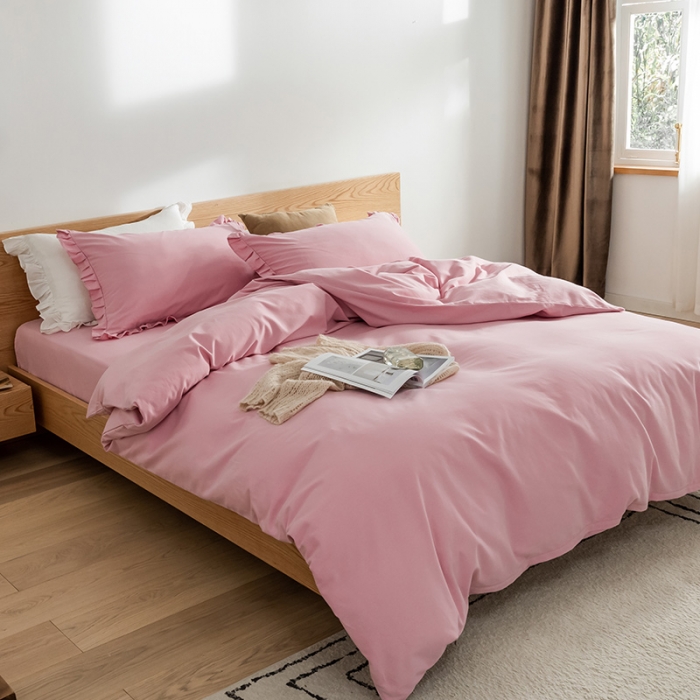 91家纺网 家纺一手货源 找家纺 窝米 2020新款40s纯色磨毛四件套花边系列 藕粉