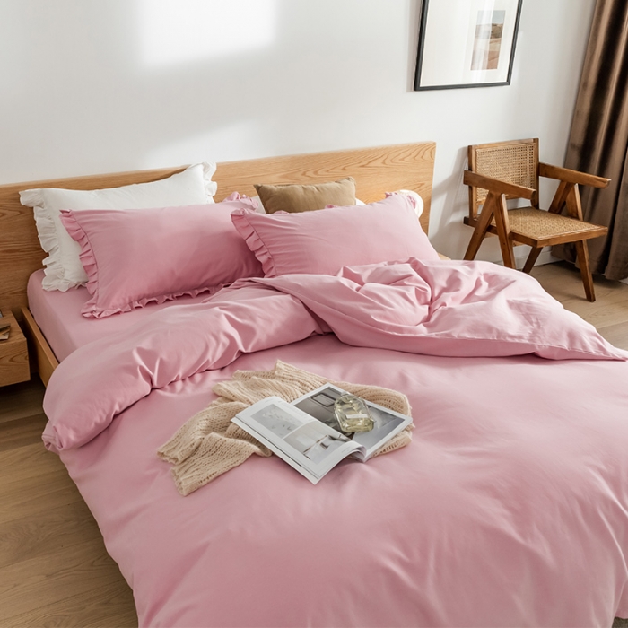 91家纺网 家纺一手货源 找家纺 窝米 2020新款40s纯色磨毛四件套花边系列 藕粉