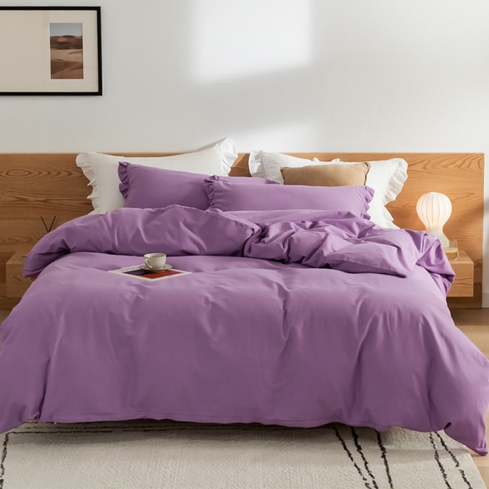 91家纺网 家纺一手货源 找家纺 窝米 2020新款40s纯色磨毛四件套花边系列 香芋紫