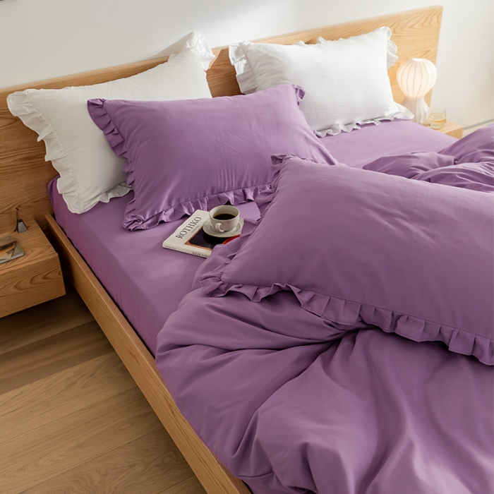 91家纺网 家纺一手货源 找家纺 窝米 2020新款40s纯色磨毛四件套花边系列 香芋紫