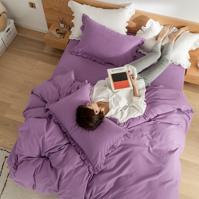 91家纺网 家纺一手货源 找家纺 窝米 2020新款40s纯色磨毛四件套花边系列 香芋紫