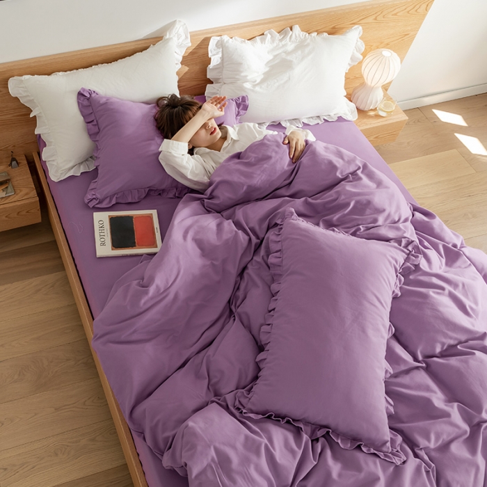 91家纺网 家纺一手货源 找家纺 窝米 2020新款40s纯色磨毛四件套花边系列 香芋紫