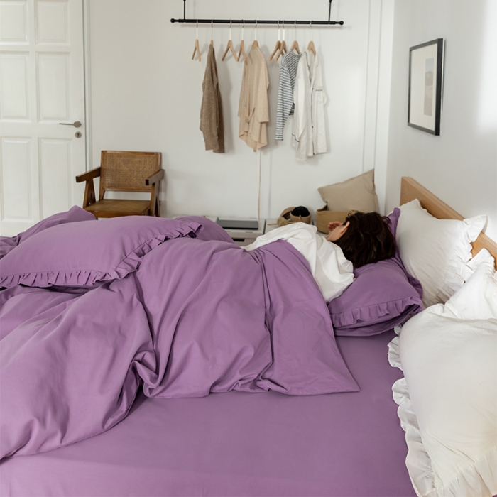 91家纺网 家纺一手货源 找家纺 窝米 2020新款40s纯色磨毛四件套花边系列 香芋紫