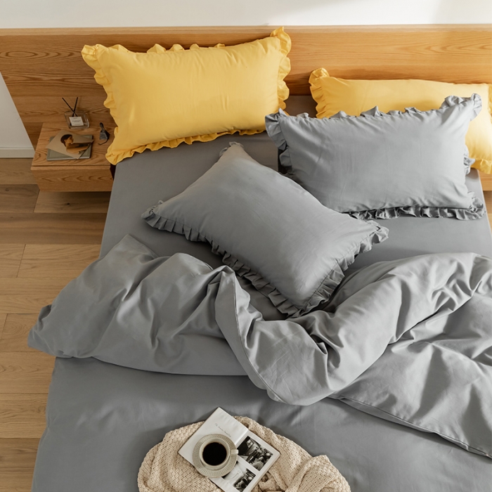 91家纺网 家纺一手货源 找家纺 窝米 2020新款40s纯色磨毛四件套花边系列 星空灰