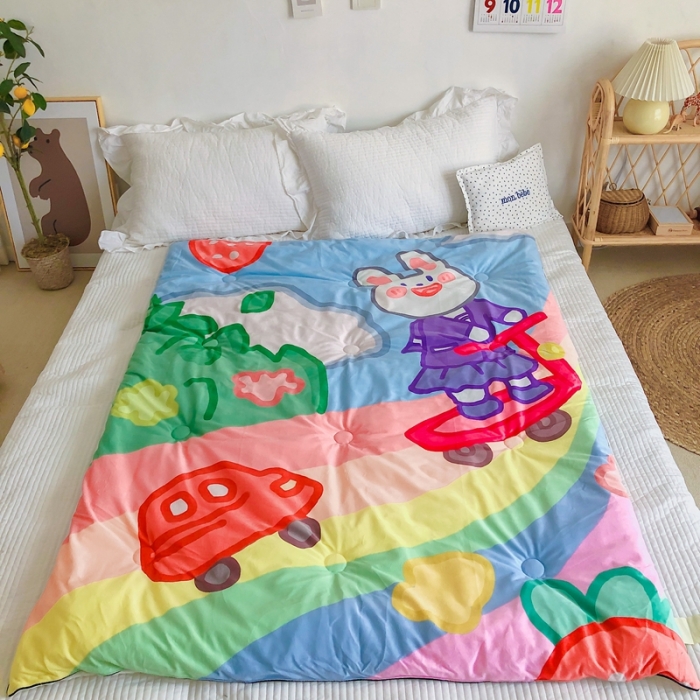 91家纺网 家纺一手货源 找家纺 星期八 2020新款双面绒豆豆被 彩虹兔