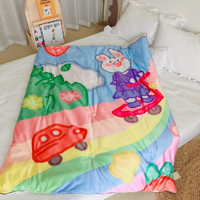 91家纺网 家纺一手货源 找家纺 星期八 2020新款双面绒豆豆被 彩虹兔