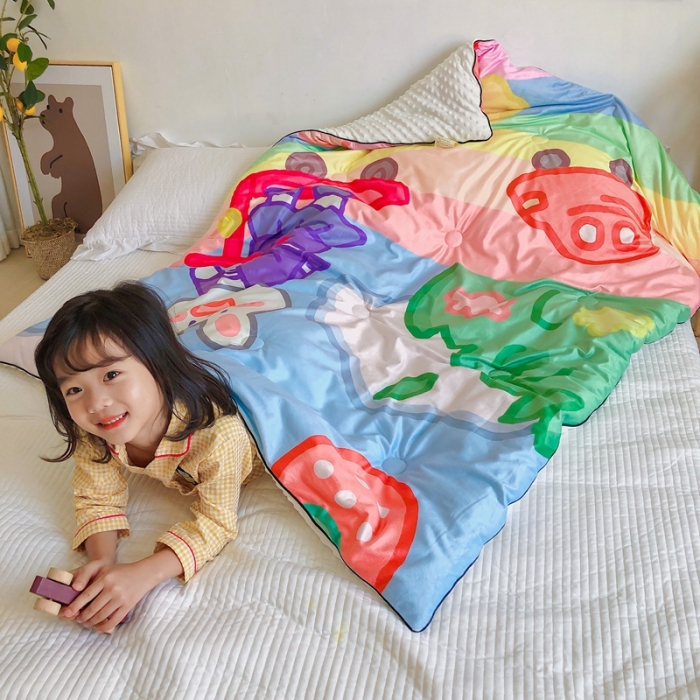 91家纺网 家纺一手货源 找家纺 星期八 2020新款双面绒豆豆被 彩虹兔