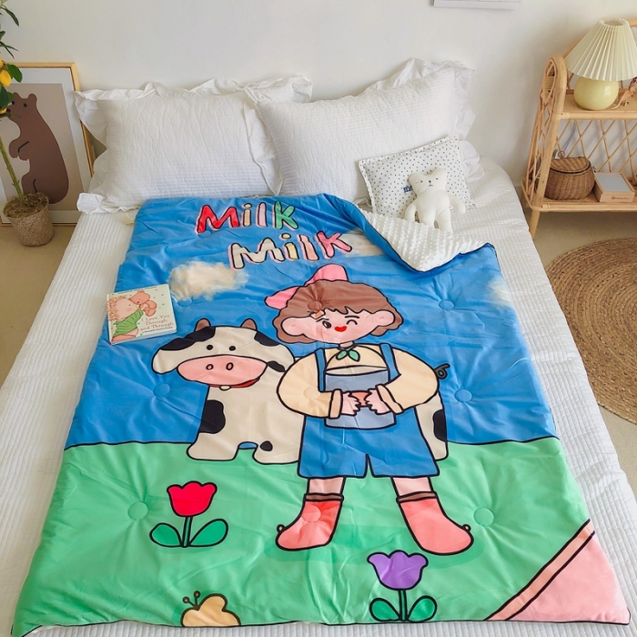 91家纺网 家纺一手货源 找家纺 星期八 2020新款双面绒豆豆被 奶牛女孩