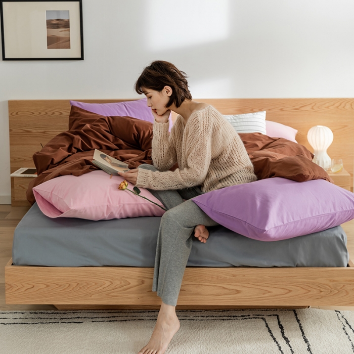 91家纺网 家纺一手货源 找家纺 窝米 2020新款40s纯色磨毛四件套撞色系列 焦糖