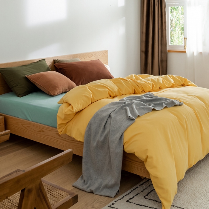 91家纺网 家纺一手货源 找家纺 窝米 2020新款40s纯色磨毛四件套撞色系列 杏黄