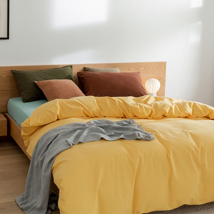 91家纺网 家纺一手货源 找家纺 窝米 2020新款40s纯色磨毛四件套撞色系列 杏黄