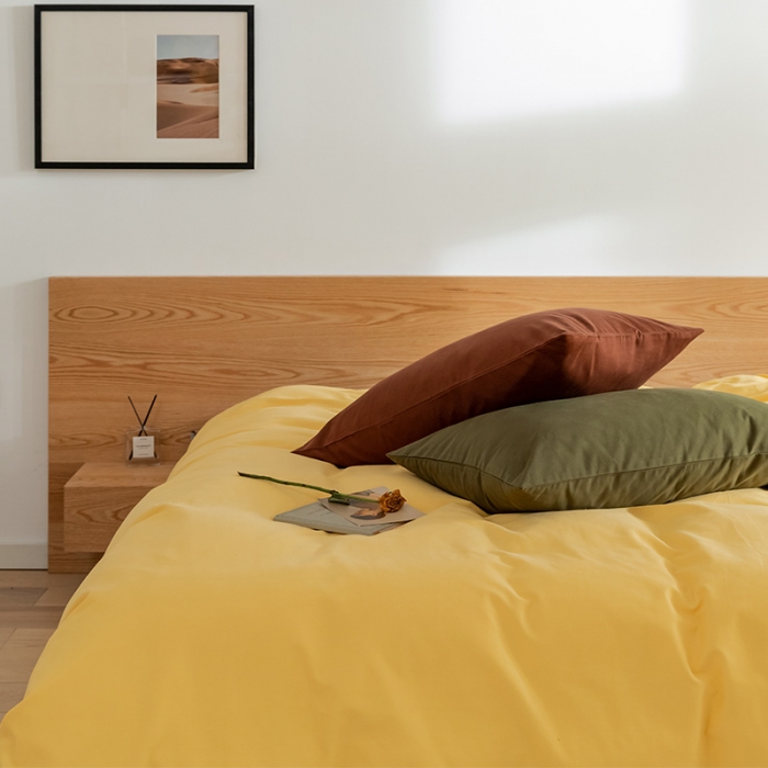 91家纺网 家纺一手货源 找家纺 窝米 2020新款40s纯色磨毛四件套撞色系列 杏黄