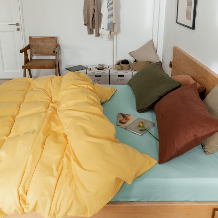 91家纺网 家纺一手货源 找家纺 窝米 2020新款40s纯色磨毛四件套撞色系列 杏黄