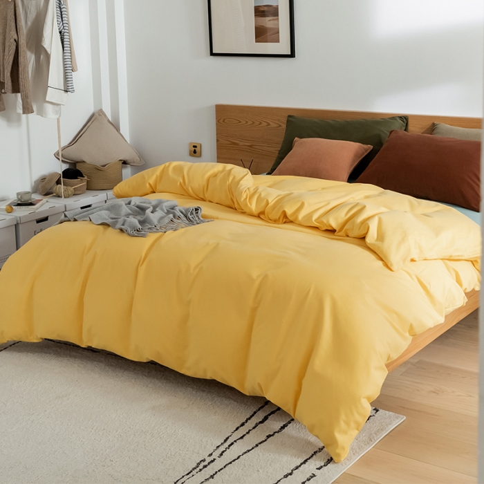 91家纺网 家纺一手货源 找家纺 窝米 2020新款40s纯色磨毛四件套撞色系列 杏黄