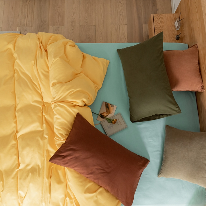 91家纺网 家纺一手货源 找家纺 窝米 2020新款40s纯色磨毛四件套撞色系列 杏黄