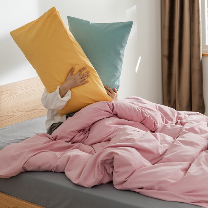 91家纺网 家纺一手货源 找家纺 窝米 2020新款40s纯色磨毛四件套撞色系列 藕粉