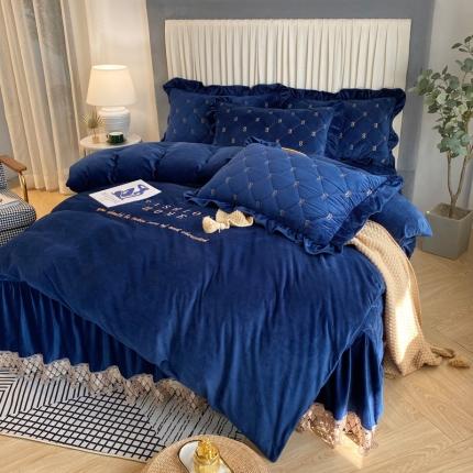 星尚家纺 2020新款宝宝绒夹棉床裙床盖四件套吉吉梦- 宝蓝