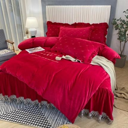 星尚家纺 2020新款宝宝绒夹棉床裙床盖四件套吉吉梦- 酒红