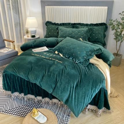 星尚家纺 2020新款宝宝绒夹棉床裙床盖四件套吉吉梦- 墨绿