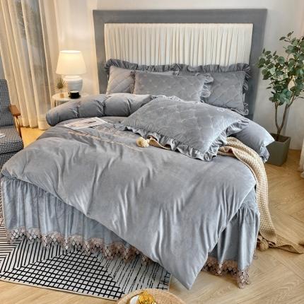 星尚家纺 2020新款宝宝绒夹棉床裙床盖四件套吉吉梦- 浅灰