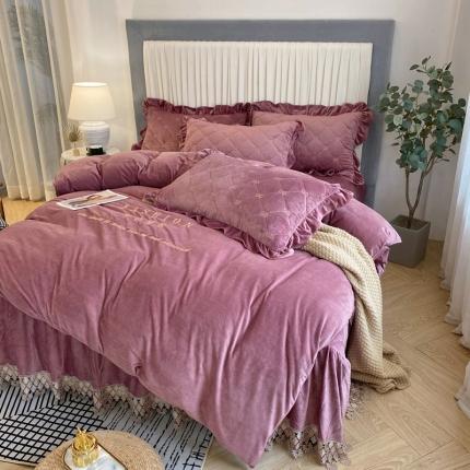 星尚家纺 2020新款宝宝绒夹棉床裙床盖四件套吉吉梦- 豆沙