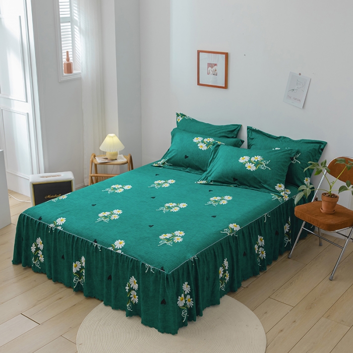 91家纺网 家纺一手货源 找家纺 纽缦 2020新款绒单层床裙 雏菊满园绿