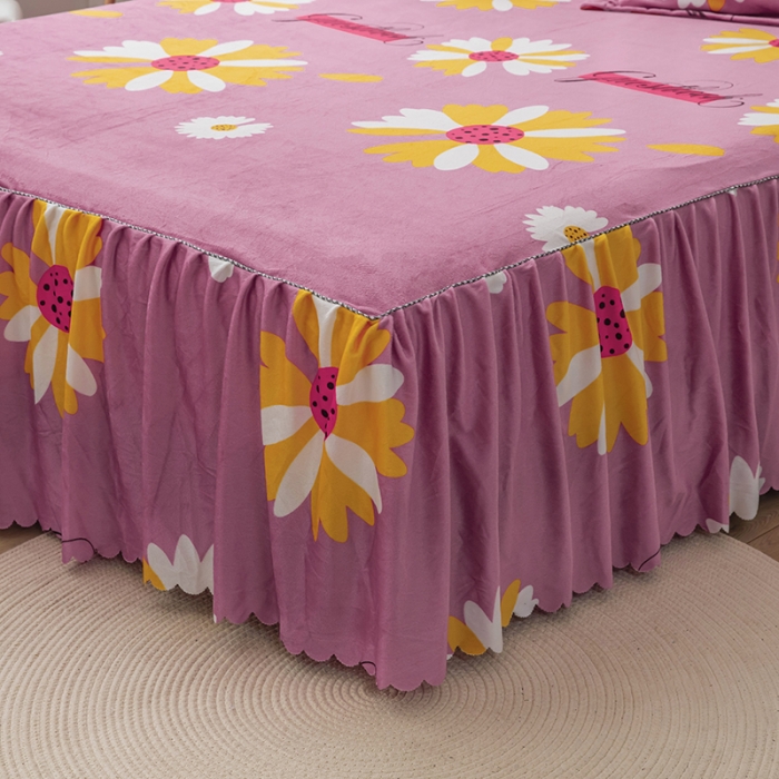 91家纺网 家纺一手货源 找家纺 纽缦 2020新款绒单层床裙 大雏菊豆沙