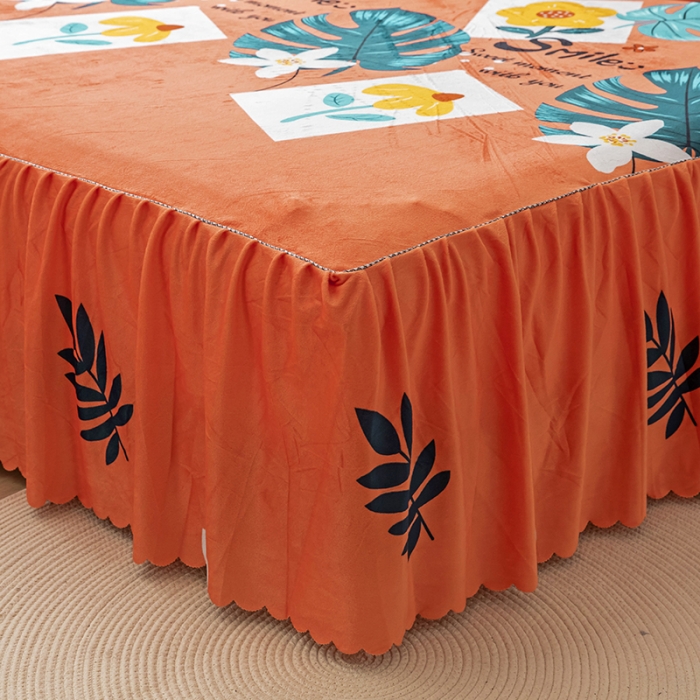 91家纺网 家纺一手货源 找家纺 纽缦 2020新款绒单层床裙 陌上花开橘红