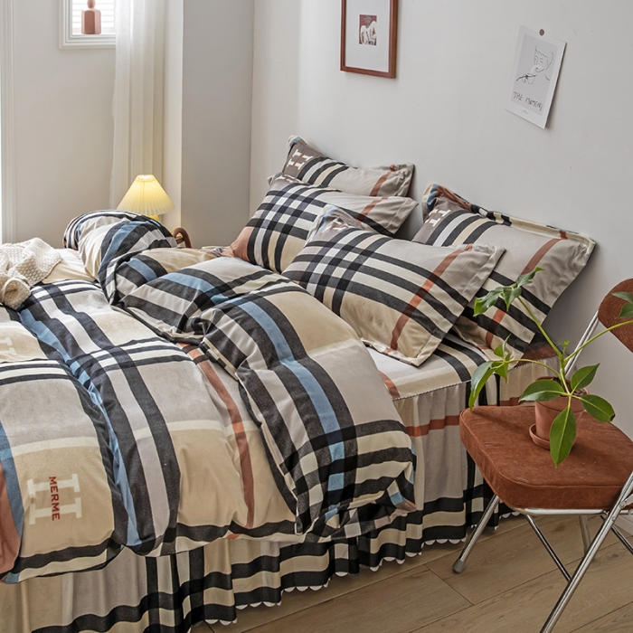 91家纺网 家纺一手货源 找家纺 纽缦 2020新款绒单层床裙四件套 布鲁斯