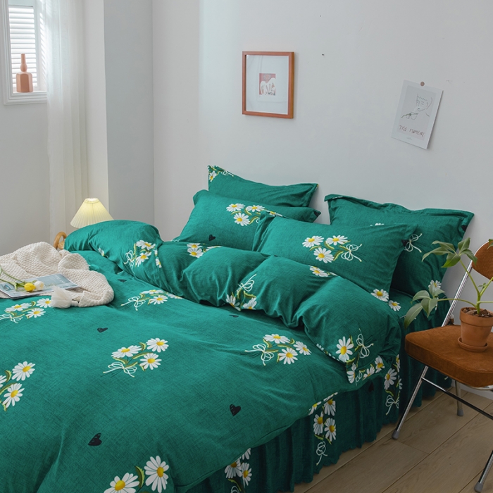 91家纺网 家纺一手货源 找家纺 纽缦 2020新款绒单层床裙四件套 雏菊满园绿