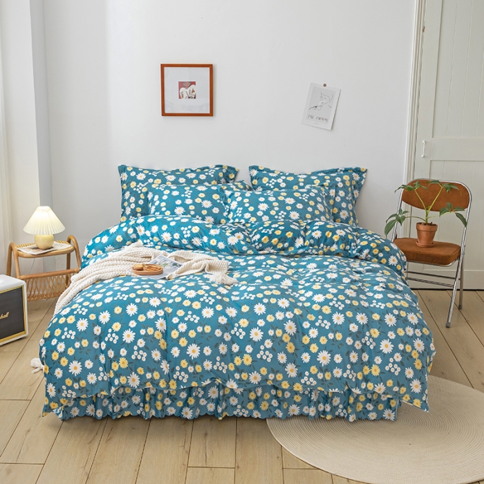 91家纺网 家纺一手货源 找家纺 纽缦 2020新款绒单层床裙四件套 雏菊之恋蓝