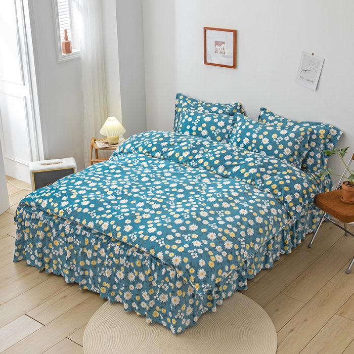 91家纺网 家纺一手货源 找家纺 纽缦 2020新款绒单层床裙四件套 雏菊之恋蓝