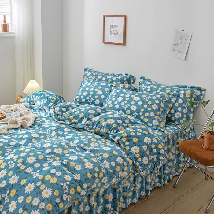 91家纺网 家纺一手货源 找家纺 纽缦 2020新款绒单层床裙四件套 雏菊之恋蓝