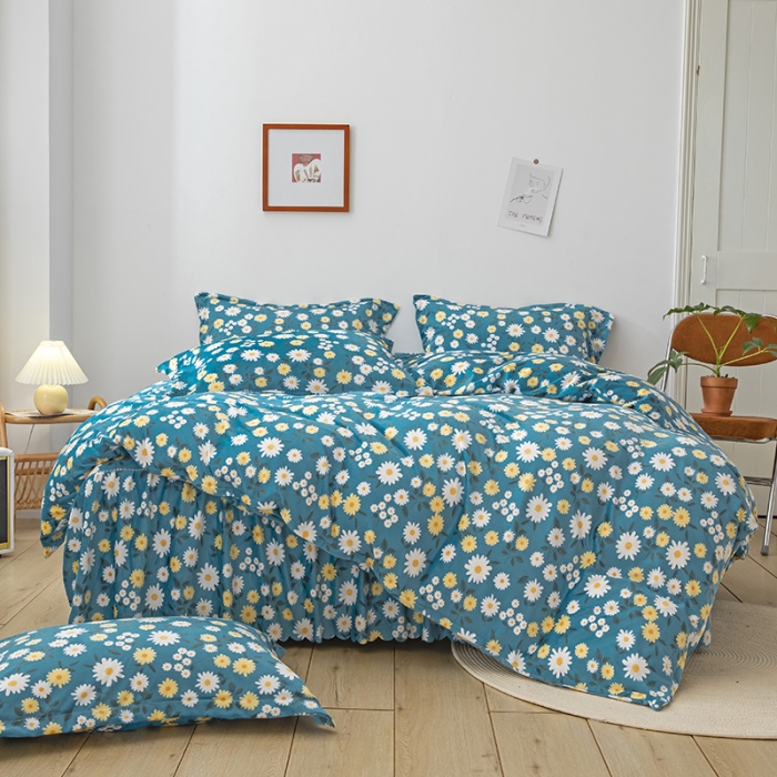 91家纺网 家纺一手货源 找家纺 纽缦 2020新款绒单层床裙四件套 雏菊之恋蓝