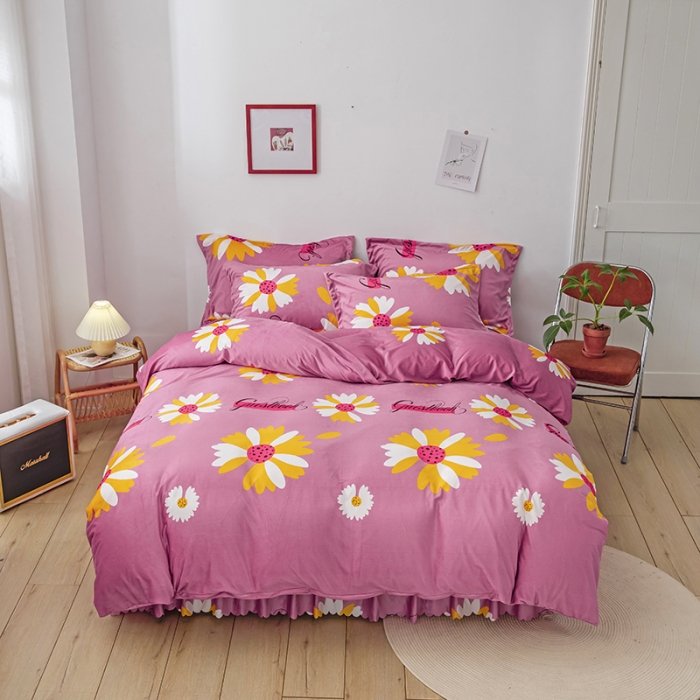 91家纺网 家纺一手货源 找家纺 纽缦 2020新款绒单层床裙四件套 大雏菊豆沙