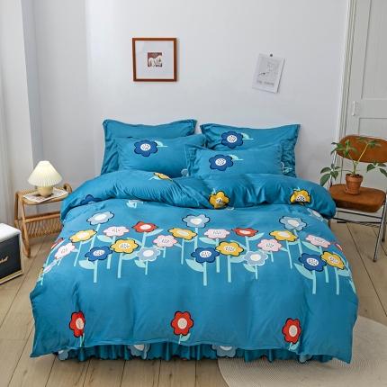 91家纺网 家纺一手货源 找家纺 纽缦 2020新款绒单层床裙四件套 花田梦蓝