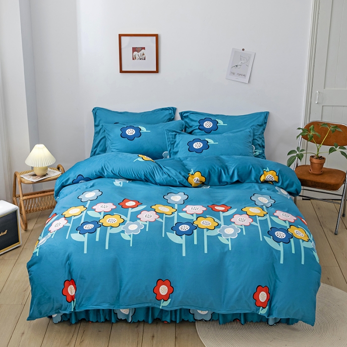 91家纺网 家纺一手货源 找家纺 纽缦 2020新款绒单层床裙四件套 花田梦蓝