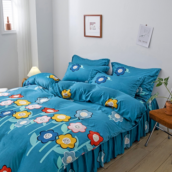 91家纺网 家纺一手货源 找家纺 纽缦 2020新款绒单层床裙四件套 花田梦蓝