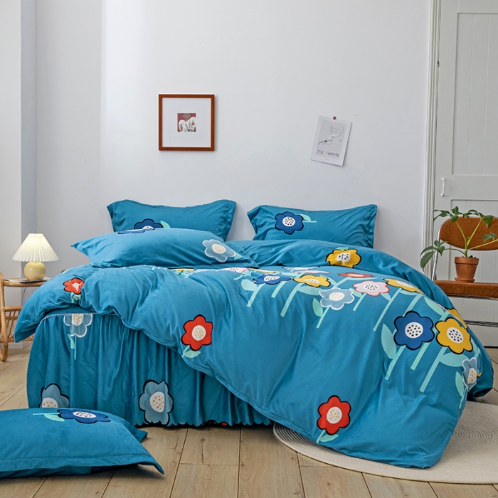 91家纺网 家纺一手货源 找家纺 纽缦 2020新款绒单层床裙四件套 花田梦蓝