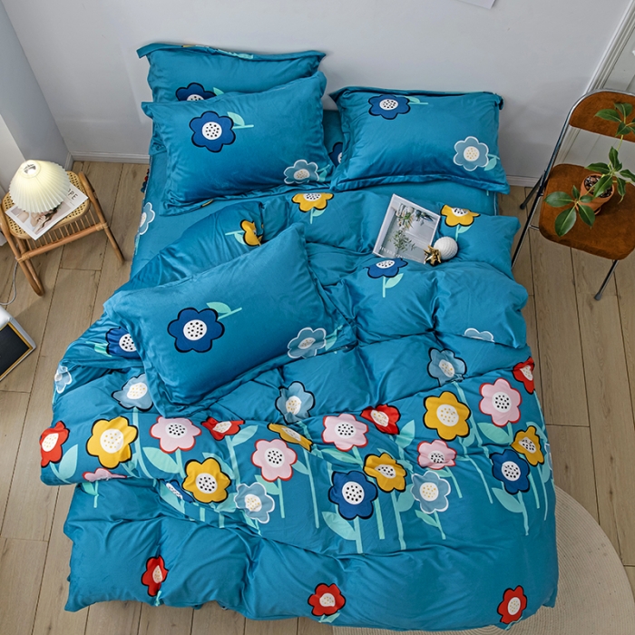 91家纺网 家纺一手货源 找家纺 纽缦 2020新款绒单层床裙四件套 花田梦蓝