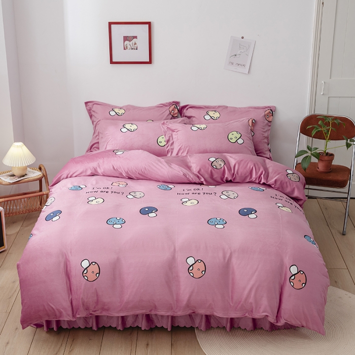 91家纺网 家纺一手货源 找家纺 纽缦 2020新款绒单层床裙四件套 蘑菇派玉