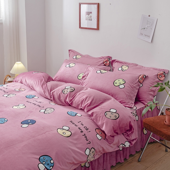 91家纺网 家纺一手货源 找家纺 纽缦 2020新款绒单层床裙四件套 蘑菇派玉