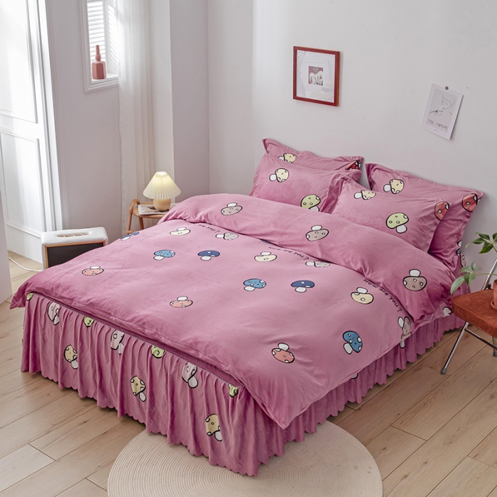 91家纺网 家纺一手货源 找家纺 纽缦 2020新款绒单层床裙四件套 蘑菇派玉