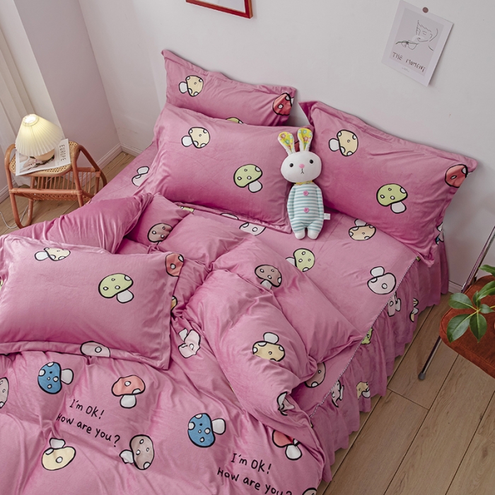 91家纺网 家纺一手货源 找家纺 纽缦 2020新款绒单层床裙四件套 蘑菇派玉