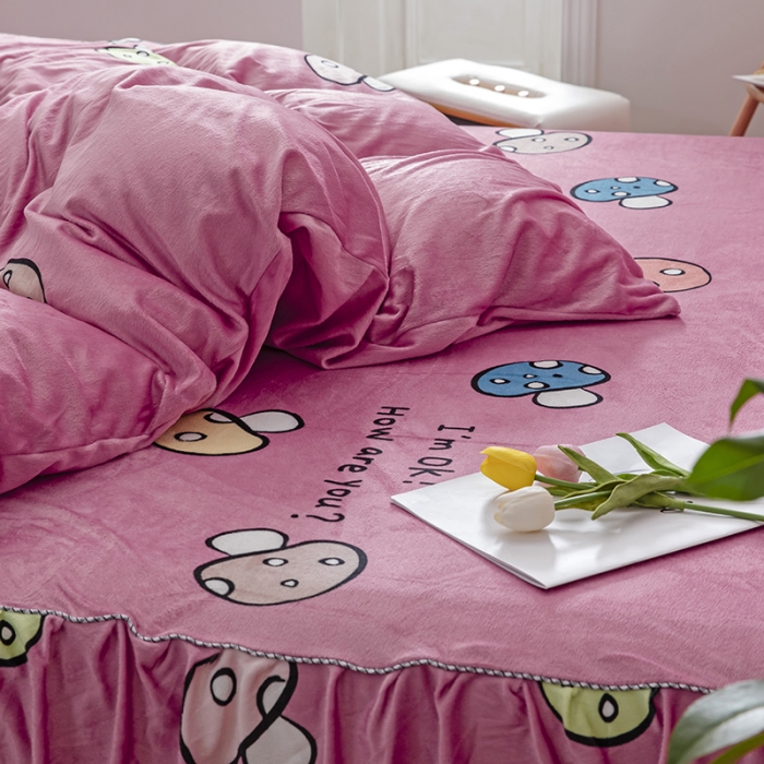 91家纺网 家纺一手货源 找家纺 纽缦 2020新款绒单层床裙四件套 蘑菇派玉