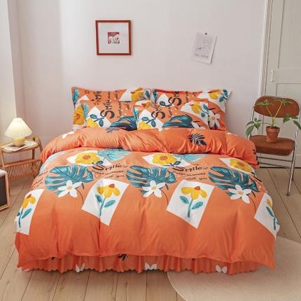 纽缦 2020新款绒单层床裙四件套 陌上花开橘红