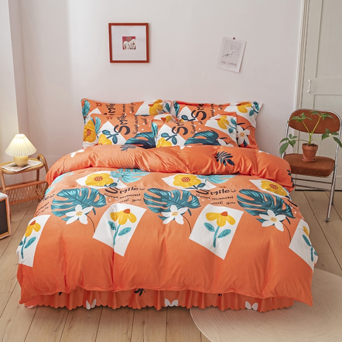 91家纺网 家纺一手货源 找家纺 纽缦 2020新款绒单层床裙四件套 陌上花开橘红