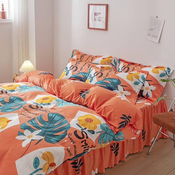 91家纺网 家纺一手货源 找家纺 纽缦 2020新款绒单层床裙四件套 陌上花开橘红
