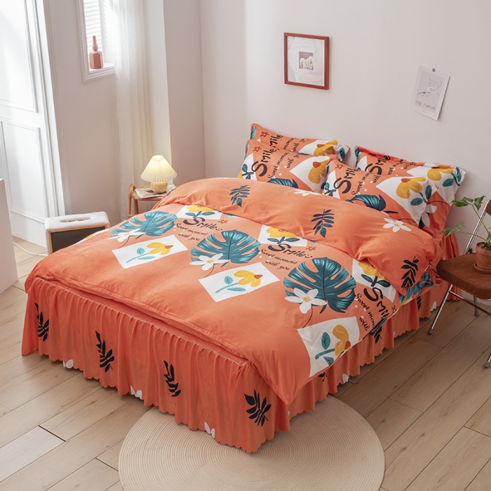 91家纺网 家纺一手货源 找家纺 纽缦 2020新款绒单层床裙四件套 陌上花开橘红